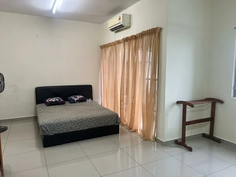 Bedroom features: queen-size bed with black leather headboard, grey patterned bedspread, 2 decorative pillows, white painted walls, glossy white tile flooring, 1 wall-mounted split AC, curtains in light beige, 1 window with white frame, wooden clothes rack, ceiling light fixture; style: modern.