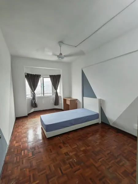 Bedroom features: single bed frame without mattress, wooden parquet flooring, white painted walls, grey accent wall, floor-to-ceiling window, curtains, ceiling fan, built-in wardrobe, desk, natural light from window; style: minimalist; view: city.