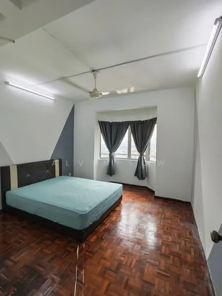 Bedroom features: queen-size bed, wooden flooring, white painted walls, grey accent wall, floor-to-ceiling window, sheer curtains, ceiling fan, recessed lighting; style: modern; view: city.
