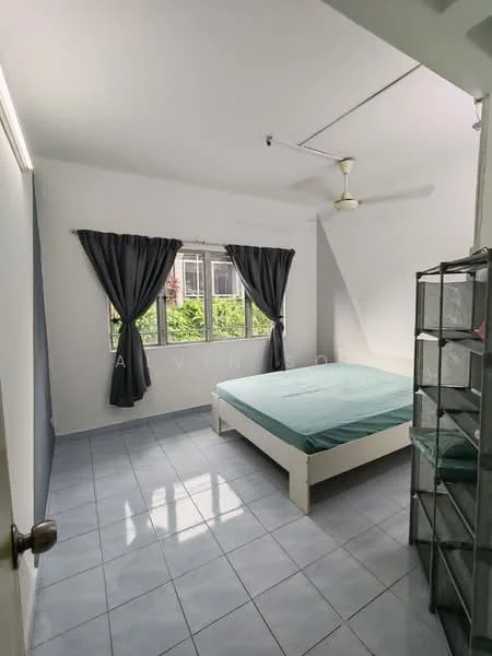 Bedroom features: queen-size bed with teal bedding, floor-to-ceiling windows, grey curtains, white painted walls, light grey tiled flooring, ceiling fan, built-in wardrobe, natural light from windows; style: modern; view: garden.
