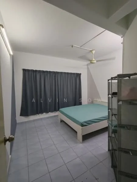 Bedroom features: grey curtains, single bed with teal bedding, white bed frame, ceiling fan, light grey tiled flooring, white painted walls, corner shelving unit, window with natural light.