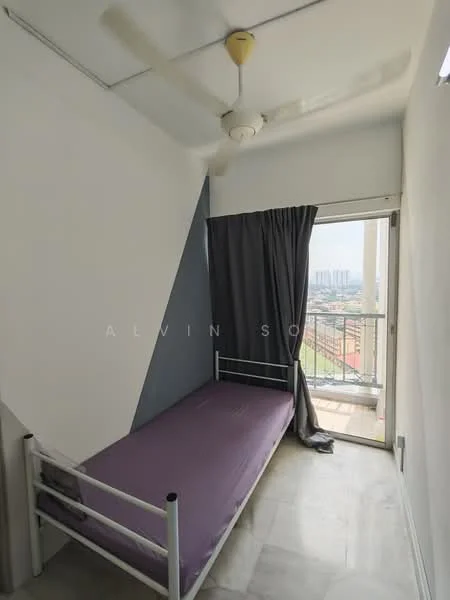 Bedroom features: single bed with purple bedding, floor-to-ceiling window, curtain in dark grey, white painted walls, light grey flooring, ceiling fan, balcony access; style: modern; view: city.