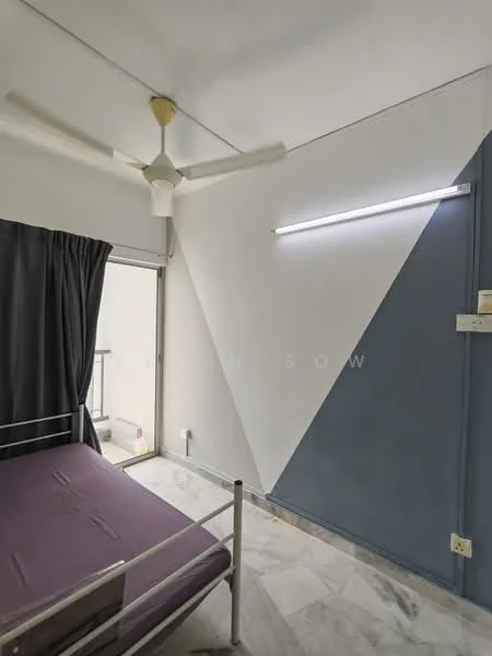Bedroom features: queen-size bed, 5-blade ceiling fan, grey curtains, white painted walls, accent wall with blue triangle, marble flooring, balcony door, LED wall light; style: modern.