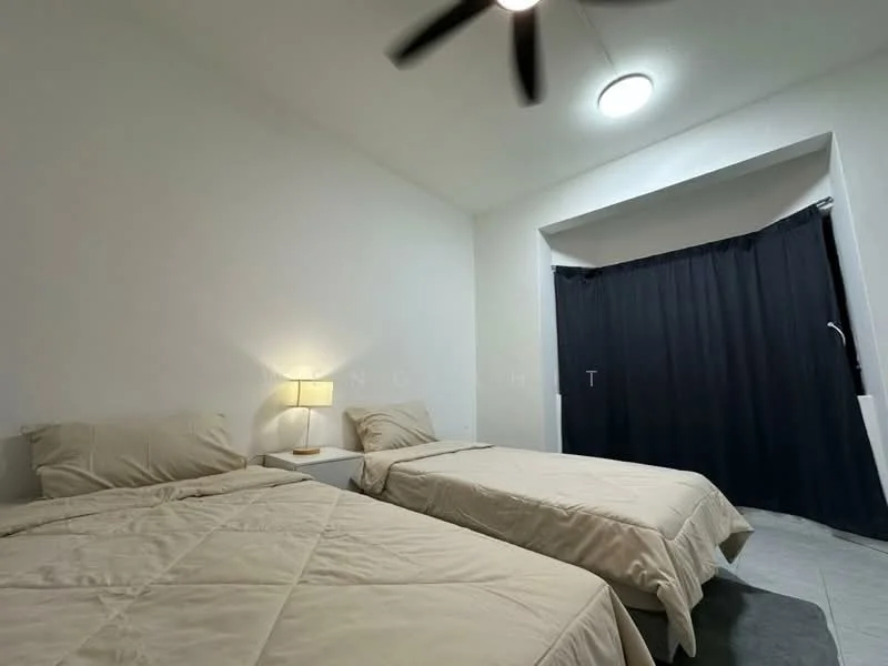 Bedroom features: two single beds with beige bedding, nightstand with lamp, black curtain covering window, white painted walls, ceiling light fixture, ceiling fan, grey tile flooring; style: modern.