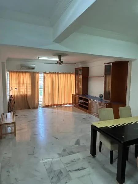 Living features: marble flooring, white painted walls, 5-blade ceiling fan, wall-mounted split AC, large windows with sheer curtains, wooden display cabinet, wooden console table, dining table with black surface, bench seating, natural light from windows; style: modern.