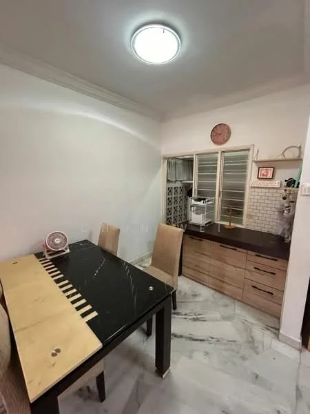 Dining features: black dining table with wooden inlay, 4 dining chairs, wooden sideboard with drawers, white tiled flooring, recessed ceiling light, wall clock, glass sliding door, decorative wall paneling; style: modern.