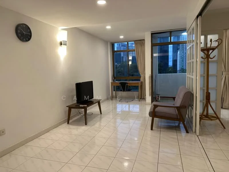 Living features: white painted walls, glossy white tile flooring, recessed downlights, wall-mounted clock, floor-to-ceiling windows, curtains, wooden TV console, flat-screen TV, single armchair, small wooden desk, chair, coat rack; style: modern; view: city.