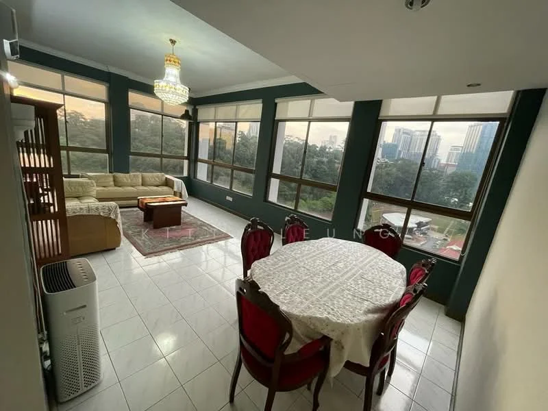 Living features: floor-to-ceiling windows, cream walls, white tiled flooring, chandelier, 3-seater fabric sofa in beige, coffee table, area rug, dining table with white tablecloth, 4 upholstered dining chairs in red, wall-mounted air conditioning unit; style: modern; view: city.