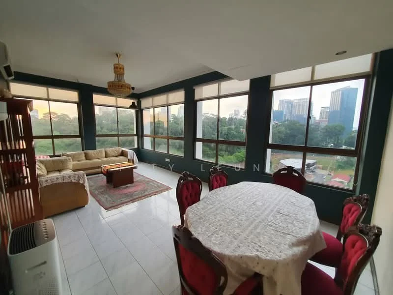 Living features: large floor-to-ceiling windows, cream fabric sofa, wood coffee table, area rug, chandelier, wall-mounted air conditioning unit, white tiled flooring, green accent walls; style: contemporary; view: city. Dining features: round dining table with white tablecloth, red upholstered dining chairs, wooden sideboard, decorative wall art; style: contemporary; view: city.