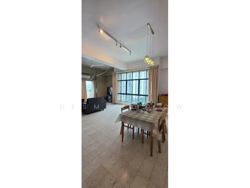 Dining features: dining table with chairs, floor-to-ceiling windows, natural light, light fixture with multiple bulbs, cream painted walls, marble tile flooring, curtains, open layout, view of city skyline; style: modern; view: city. Living features: sofa, coffee table, TV console, area rug, light fixture, open layout, natural light; style: modern; view: city.