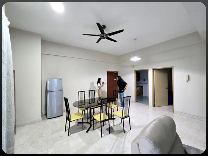 Living features: 5-blade ceiling fan with light, marble tile flooring, cream painted walls, dining table with 6 chairs, stainless-steel fridge, sofa in beige, doorway to kitchen, doorway to hallway; style: modern.