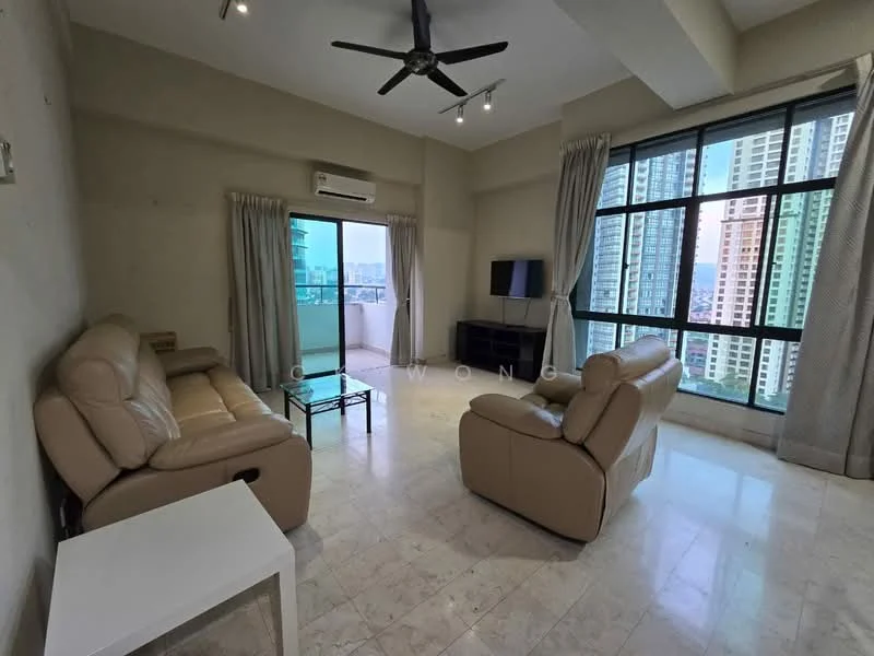 Living features: 2-seater leather sofa in beige, 3-seater leather sofa in beige, glass coffee table, wall-mounted TV, floor-to-ceiling windows, curtains, marble flooring, 1 wall-mounted split AC, ceiling fan with light, neutral painted walls; style: modern; view: city.