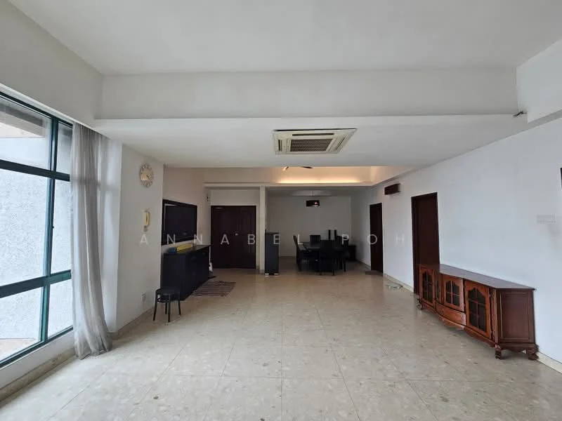 Living features: white painted walls, dropped ceiling, recessed downlights, floor-to-ceiling windows, curtains, marble tile flooring, 1 wall-mounted split AC, wooden sideboard, dining table with chairs, clock on wall; style: modern.