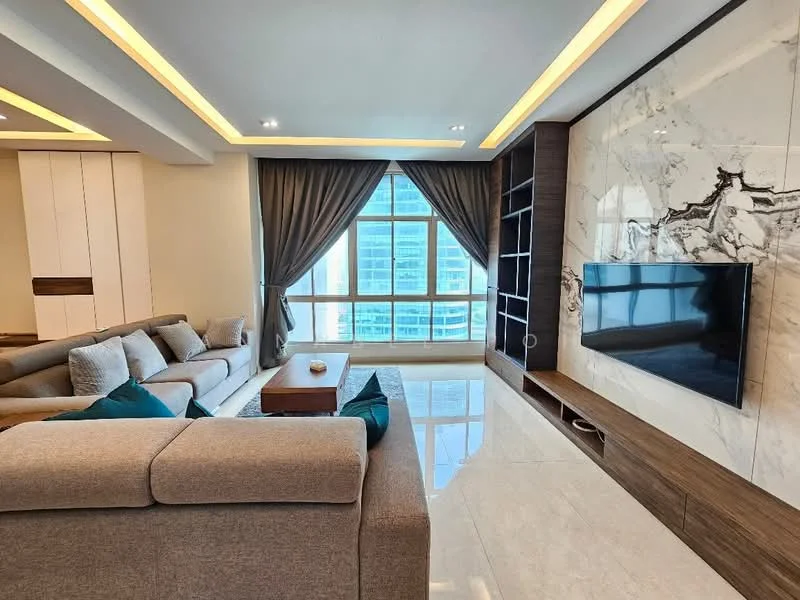 Living features: 3-seater fabric sofa in grey, 2-seater fabric sofa in grey, coffee table in wood, wall-mounted TV, TV console in wood, marble feature wall, floor-to-ceiling windows, curtains in dark grey, recessed downlights, polished tile flooring, decorative bowl on coffee table; style: modern; view: city.