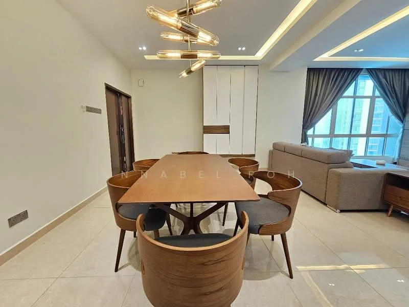 Dining features: rectangular wooden dining table, 6 upholstered dining chairs with wooden legs, modern chandelier with multiple bulbs, cream painted walls, light-colored tiled flooring, floor-to-ceiling windows, sheer curtains, sofa in the background, built-in cabinetry, recessed ceiling lights; style: modern; view: city.
