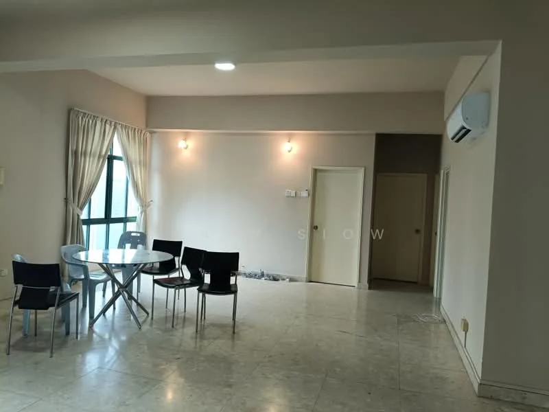 Living features: cream painted walls, marble tile flooring, recessed downlights, floor-to-ceiling windows, sheer curtains, 1 wall-mounted split AC, round dining table, 4 black dining chairs, open layout, neutral color scheme; style: modern.