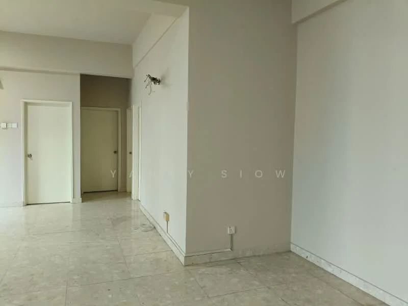 Room features: cream painted walls, marble tile flooring, ceiling light fixture, doorway leading to another room, baseboards, power outlet, wall-mounted light, neutral color scheme.