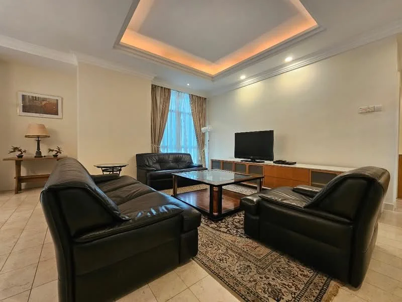 Living features: black leather 3-seater sofa, black leather 2-seater sofa, glass coffee table, wooden TV console, wall-mounted TV, area rug with geometric pattern, recessed ceiling with ambient lighting, floor-to-ceiling windows with sheer curtains, cream painted walls, tile flooring, decorative wall art, wooden side table; style: contemporary.