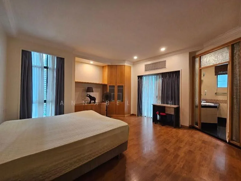 Bedroom features: queen-size bed, wooden flooring, built-in wardrobe with glass doors, desk with chair, floor-to-ceiling windows, sheer curtains, recessed downlights, decorative wall paneling, en-suite bathroom door, neutral wall color; style: modern. Bathroom features: vanity with sink, mirror, shower area, tile cladding, toilet, neutral color scheme.
