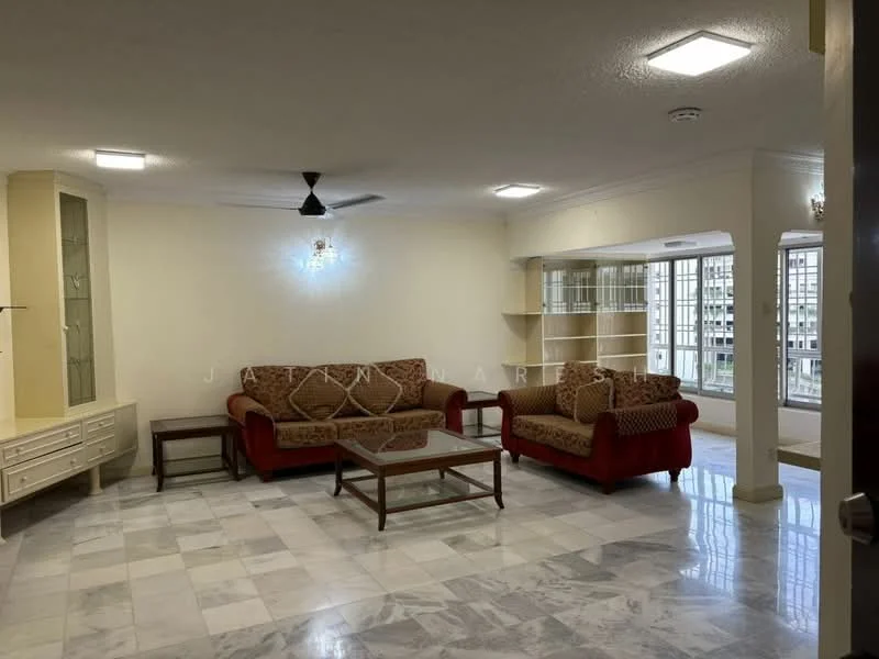 Living features: 2-seater fabric sofa in red, 3-seater fabric sofa in beige, glass coffee table, ceiling fan, recessed LED downlights, white painted walls, marble flooring, built-in shelving unit, large windows with grid pattern; style: modern.