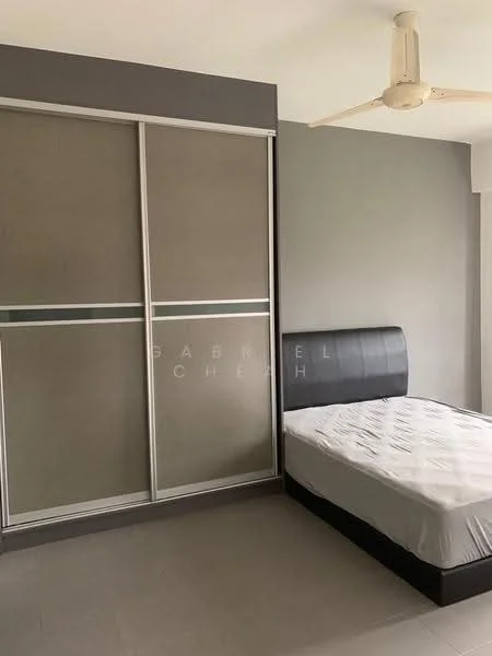 Bedroom features: queen-size bed, upholstered headboard, built-in wardrobe with sliding doors, grey painted walls, ceiling fan, tile flooring, window with no visible treatment, minimalist decor; style: modern.