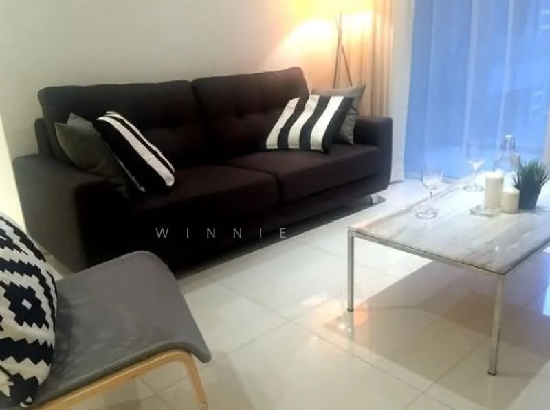 Living features: 3-seater fabric sofa in dark grey, striped throw pillows, glass coffee table with marble top, floor lamp with warm light, white sheer curtains, white tiled flooring, decorative candles, wine glasses on the table; style: modern.