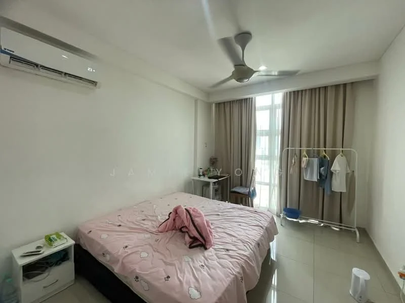 Bedroom features: queen-size bed with pink bedding, 2 bedside tables, 1 wall-mounted split AC unit, ceiling fan, floor-to-ceiling windows, curtains, tile flooring, clothes rack with hanging clothes, decorative wall with light color, minimalist decor; style: modern.