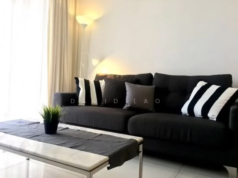 Living features: 3-seater fabric sofa in dark grey, striped throw pillows in black and white, glass coffee table with metal frame, decorative plant in ceramic pot, floor lamp with warm light, white walls, light-colored curtains, glossy tile flooring; style: modern.