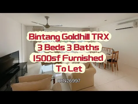 Living features: white painted walls, cream tiled flooring, 5-blade ceiling fan with light, wall-mounted air conditioning unit, sofa in cream fabric, coffee table, TV console, wall-mounted TV, dining table with chairs, large windows with natural light; style: modern.