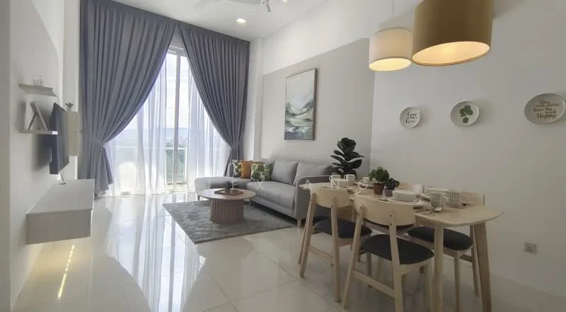Living features: grey fabric sofa, round wooden coffee table, area rug with geometric pattern, wall-mounted TV, floor-to-ceiling windows, sheer curtains, recessed downlights, decorative wall art, indoor plant, dining table for four, upholstered dining chairs, decorative plates on wall; style: modern; view: city.
