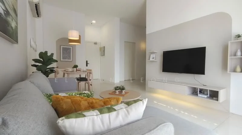 Living features: light grey fabric sofa, orange and green decorative cushions, round coffee table with wooden top, wall-mounted flat-screen TV, light wood TV console, white wall with light grey accent, recessed lighting, potted plant, dining area visible in background, cream-colored walls, floor-to-ceiling windows, glossy tile flooring; style: modern.