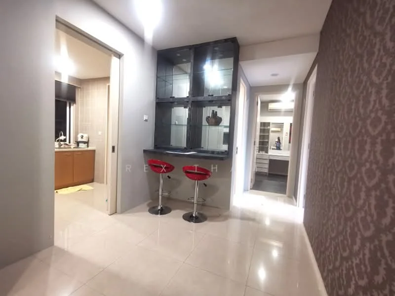 Room features: glossy white tile flooring, grey painted walls, decorative wallpaper with pattern, bar counter with glass shelving, two red bar stools, recessed lighting, doorway leading to kitchen, doorway leading to bathroom, doorway leading to another room; style: modern.