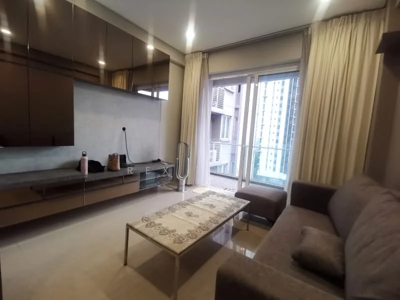 Living features: grey fabric sofa, glass coffee table with decorative pattern, wall-mounted TV console, dark wood cabinetry, light grey wall, floor-to-ceiling windows, sheer curtains, marble tile flooring, recessed downlights; style: modern; view: city.