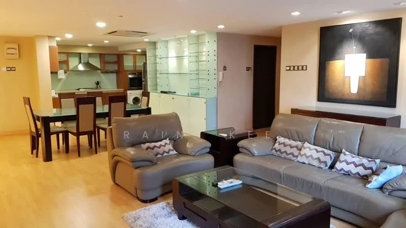 Living features: 3-seater leather sofa in beige, 2-seater fabric sofa with decorative cushions, coffee table with glass top, area rug with geometric pattern, wall-mounted artwork, wooden TV console, wall-mounted TV, laminate flooring, recessed downlights, air conditioning unit; style: modern. Kitchen features: stainless-steel sink, chrome pull-down faucet, granite countertop, wood cabinetry, built-in oven, freestanding washing machine, ceramic tile backsplash, refrigerator, 4-burner gas hob, exhaust hood; style: modern. Dining features: 6-seater dining table, upholstered dining chairs, laminate flooring; style: modern.