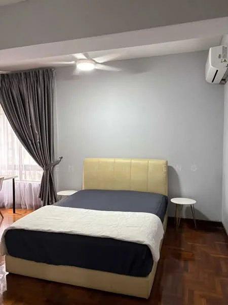 Bedroom features: king-size bed, upholstered headboard, white bedding, 2 bedside tables, floor-to-ceiling window, grey curtains, wooden flooring, 5-blade ceiling fan, wall-mounted split AC; style: modern.