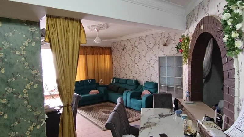 Living features: green fabric sectional sofa, coffee table, wall-mounted TV, decorative archway, floral wallpaper, cream ceiling with crown moulding, yellow curtains, wooden flooring, ceiling fan, decorative plants; style: modern. Room features: green wallpaper, dining chairs, marble countertop, decorative items.