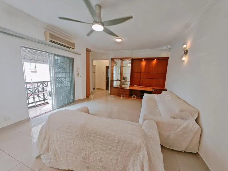 Living features: white walls, cream tiled flooring, 5-blade ceiling fan with light, sliding glass door, balcony access, built-in wooden shelving unit, wall-mounted lighting, air conditioning unit; style: modern.