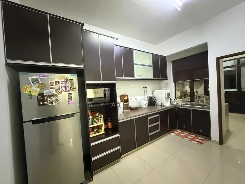 Kitchen features: dark wood cabinetry, stainless-steel fridge, built-in oven, microwave, ceramic tile flooring, white tiled backsplash, countertop with storage, sink, kitchen island, recessed lighting, window with view, decorative magnets on fridge; style: modern.