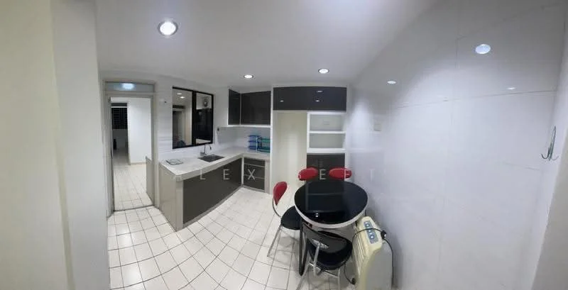 Kitchen features: grey cabinetry, white countertop, stainless-steel sink, chrome faucet, built-in oven, ceramic tile flooring, recessed downlights, mirror on wall, dining table with black round top, red and white chairs, white tiled walls, open shelving; style: modern.
