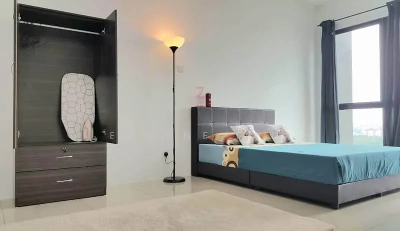 Bedroom features: king-size bed with upholstered headboard, blue bedspread, two decorative pillows, built-in wardrobe with sliding doors, drawer storage beneath wardrobe, floor-to-ceiling window, blackout curtains, laminate flooring, area rug, standing lamp; style: modern; view: city.
