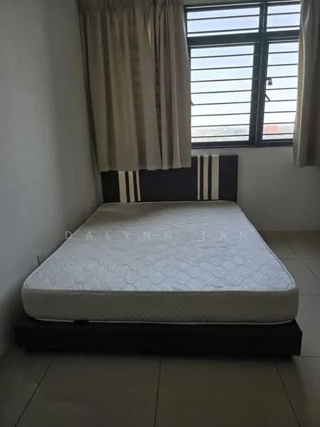Bedroom features: queen-size bed frame, mattress, white walls, large window with black metal grille, beige curtains, tile flooring.