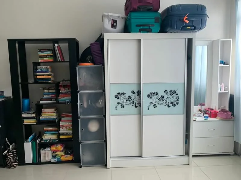 Room features: black bookshelf with books, transparent plastic storage unit, white sliding door wardrobe with floral design, full-length mirror, white dresser with drawers, various suitcases on top of wardrobe, light-colored tiled flooring, window with sheer curtains; style: modern.