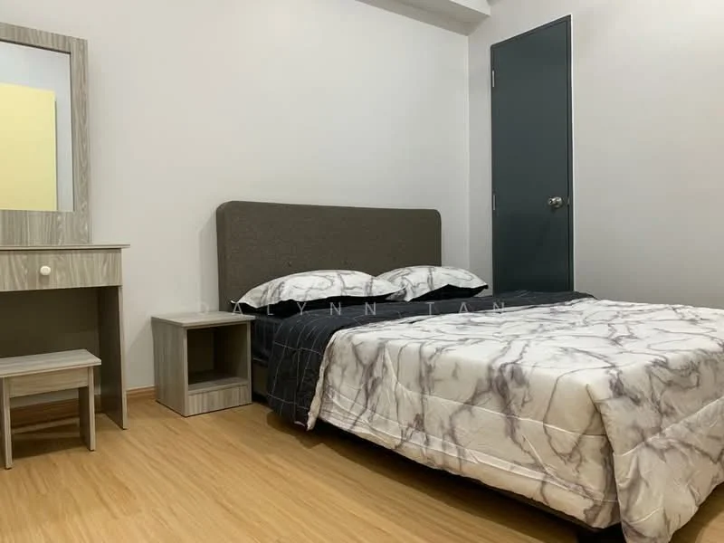 Bedroom features: queen-size bed with grey upholstered headboard, marble-patterned bedding, wooden bedside table, wooden dressing table with mirror, light wood flooring, grey painted walls, single door, window with no visible treatment; style: modern.