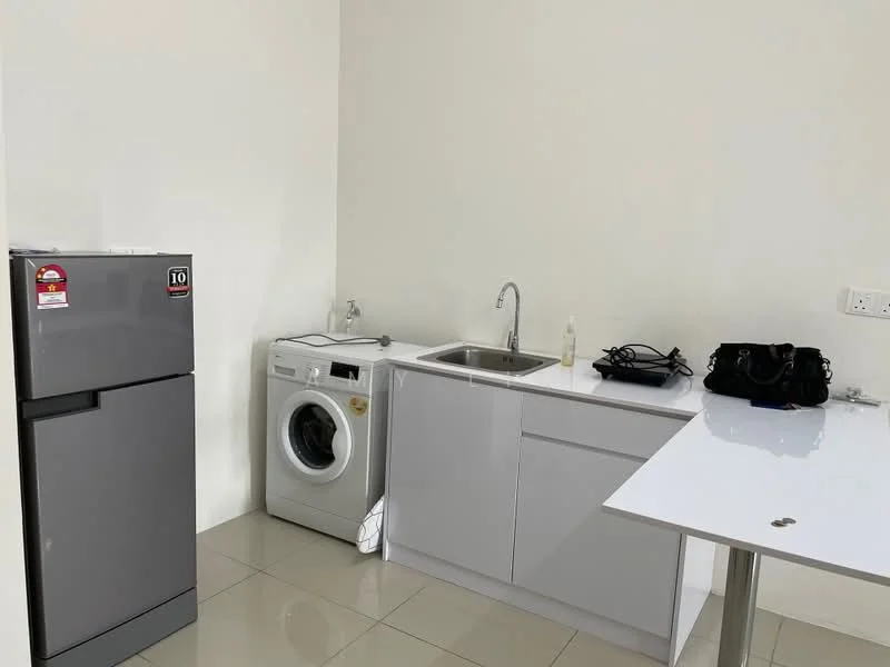 Kitchen features: grey flat-panel cabinets, single-bowl stainless-steel sink, chrome pull-down faucet, built-in washing machine, stainless-steel fridge, white countertop, ceramic tile flooring, white painted walls, recessed downlights, table with white surface; style: modern.