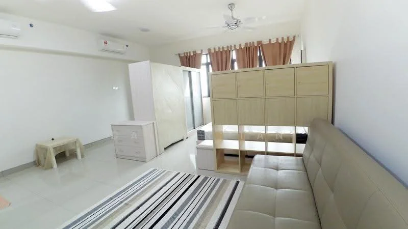 Bedroom features: light-colored walls, glossy tile flooring, 5-blade ceiling fan, two wall-mounted split AC units, beige upholstered sofa, wooden wardrobe, wooden dresser, wooden shelving unit, striped area rug, curtains with tiebacks; style: modern.