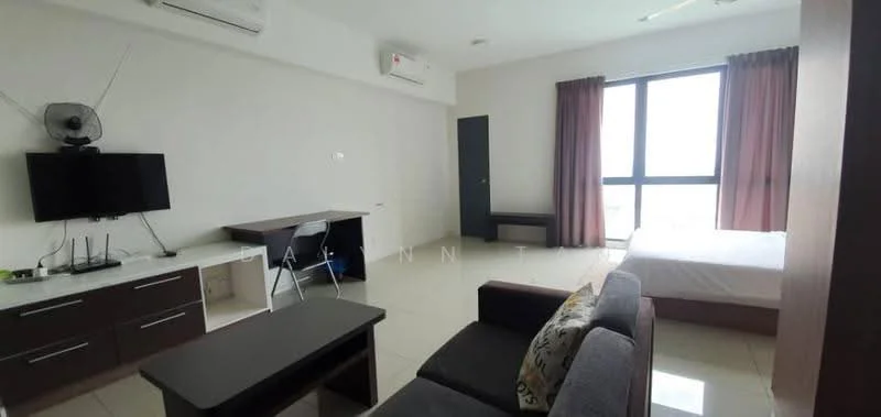 Living features: floor-to-ceiling windows, grey curtains, white walls, cream tiled flooring, 3-seater fabric sofa, coffee table, TV console, wall-mounted TV, study desk, office chair, air conditioning unit, built-in cabinetry; style: modern; view: city.