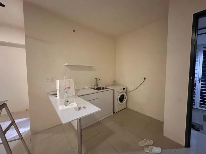 Laundry features: white cabinetry, single-bowl stainless-steel sink, chrome pull-down faucet, front-load washing machine, white countertop, grey tiled flooring, plain white walls, open shelving; style: modern.