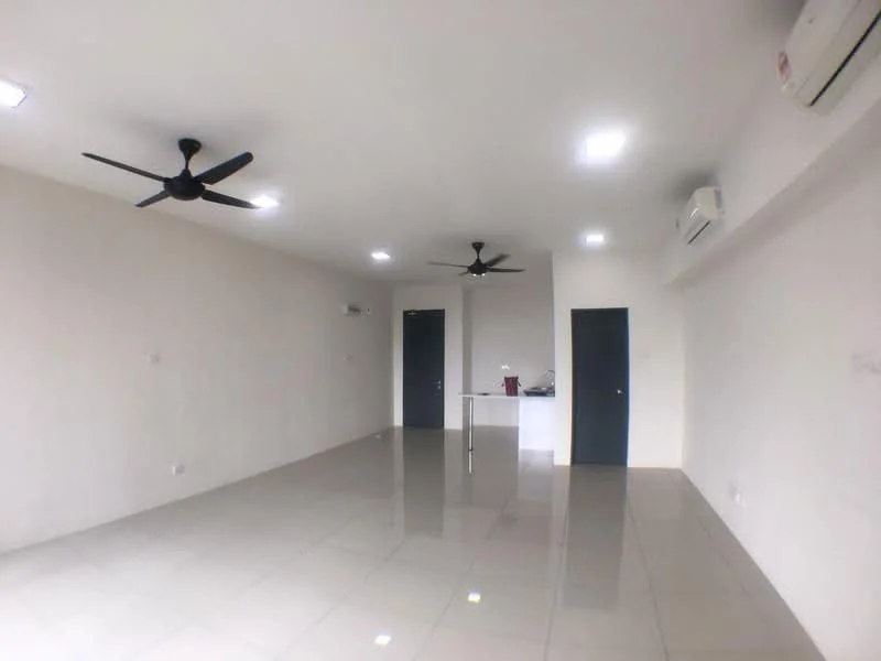 Room features: white painted walls, glossy ceramic tile flooring, 2 ceiling fans, 2 wall-mounted split AC units, 2 doors, recessed LED downlights; style: modern.