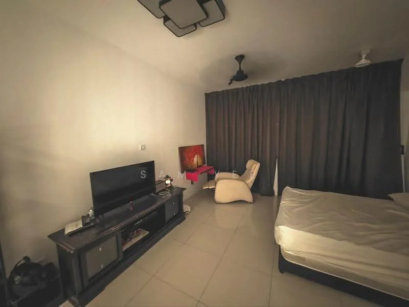 Bedroom features: white painted walls, tile flooring, ceiling fan, wall-mounted TV, black TV console, queen-size bed, black curtains, armchair, decorative artwork; style: modern.