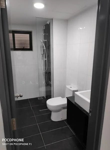 Bathroom features: white tiled walls, black tiled flooring, walk-in shower with glass enclosure, chrome handheld shower, wall-mounted toilet, single-sink vanity with black cabinet, mirror above sink, window for natural light, recessed ceiling lights; style: modern.